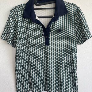Tory Burch Navy and Cream Patterned Polo Blouse